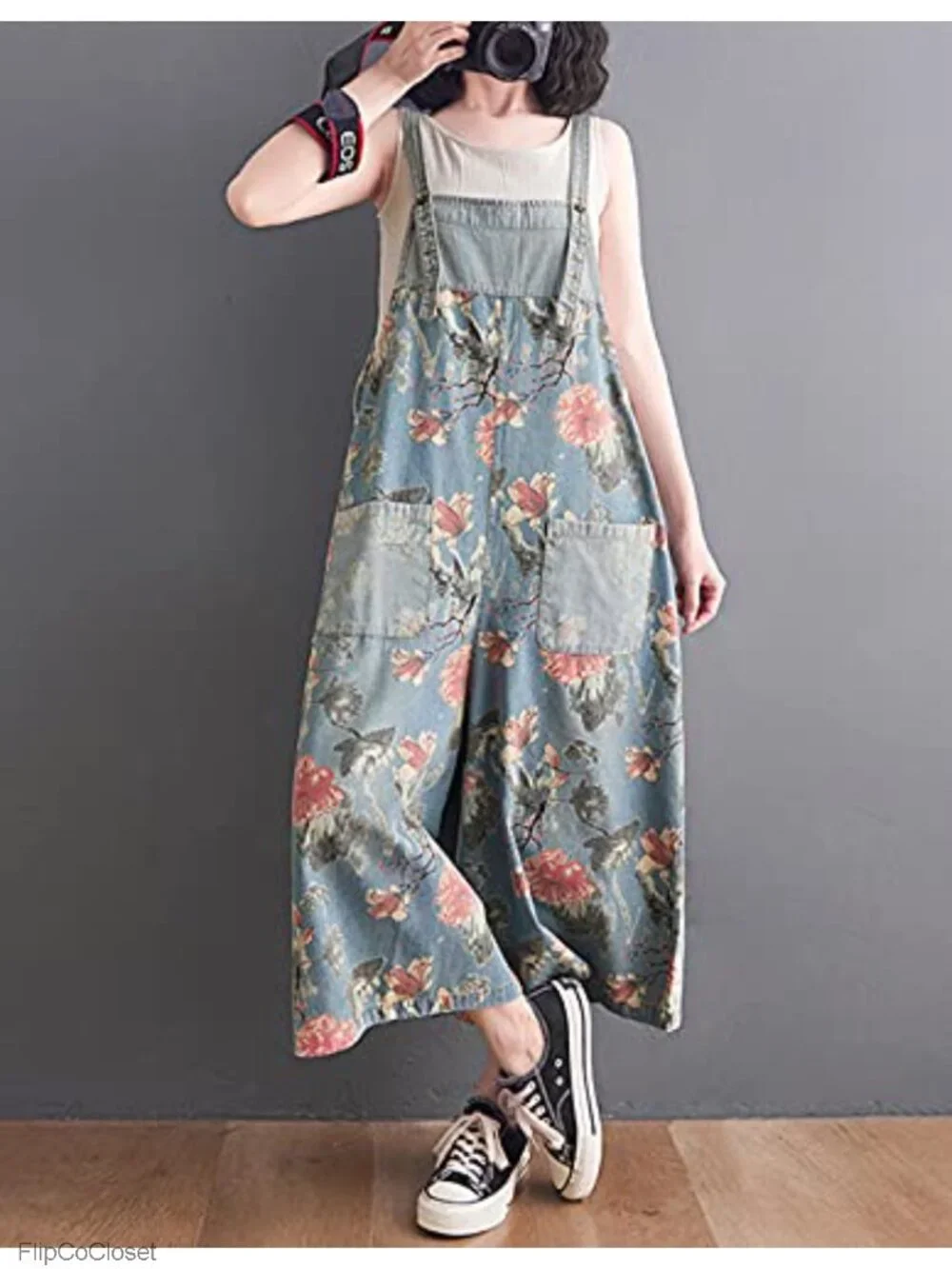 Vintage Floral Print Denim Overalls for Women, Loose Fit Baggy Jumpsuit with